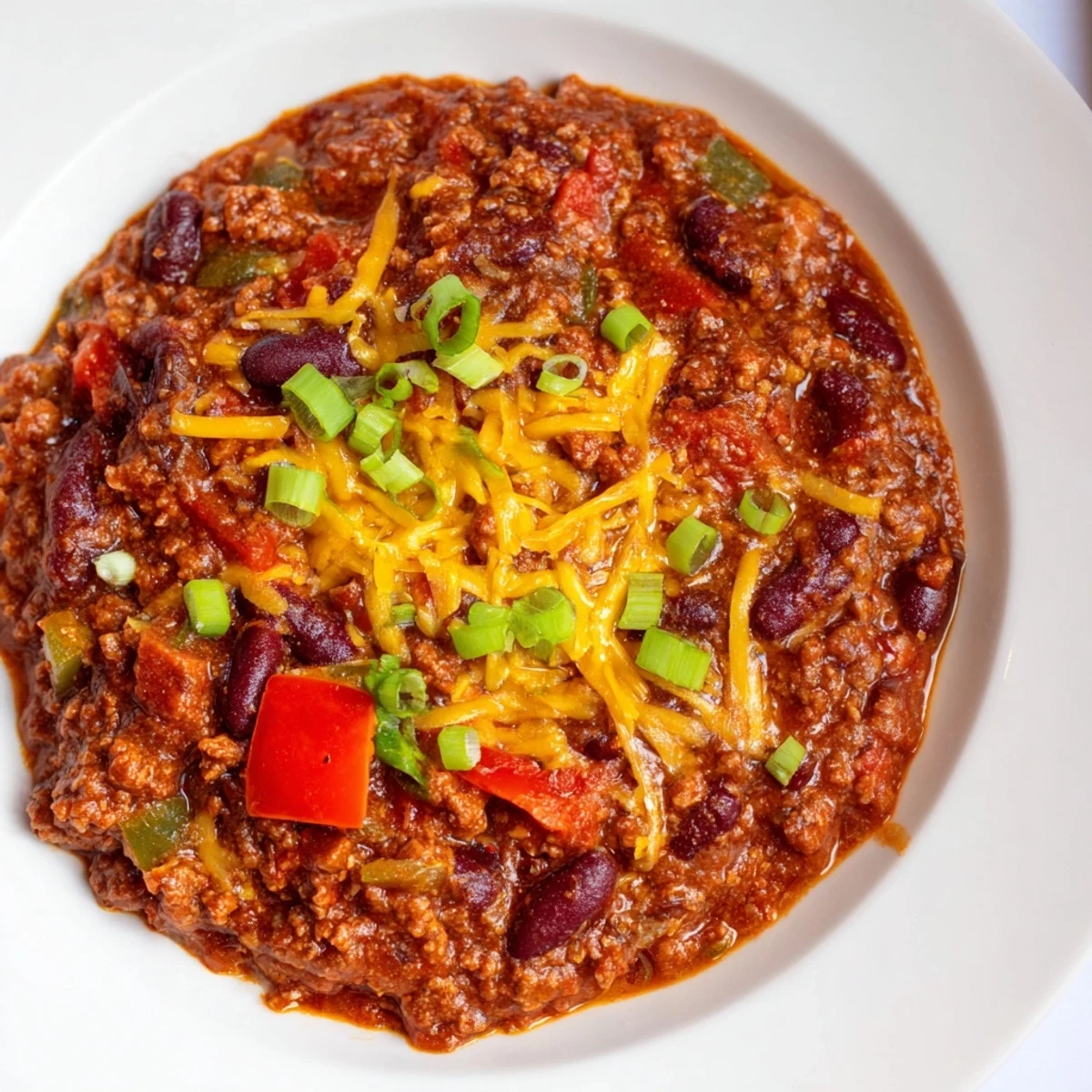 A spoon lifts tender ground beef and kidney beans from a pot of Beef Chili with Kidney Beans.