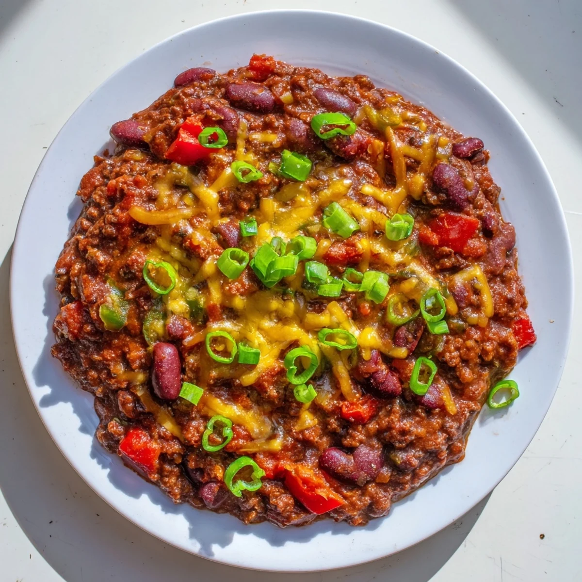 A ladle serves up warm Beef Chili with Kidney Beans over rice alongside golden cornbread muffins.