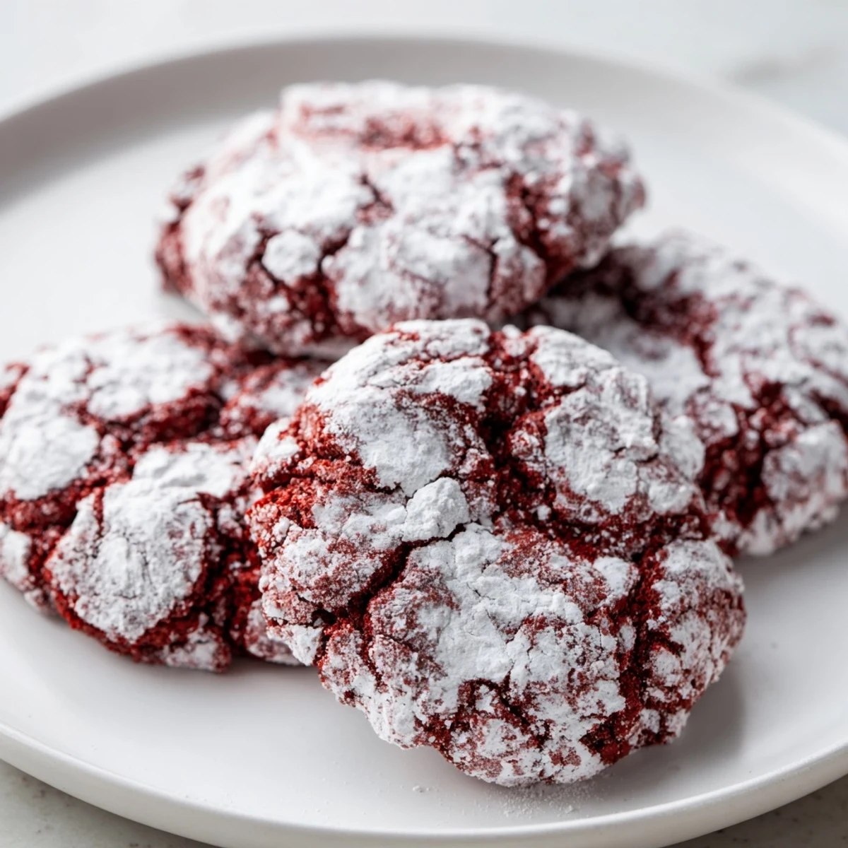 Powdered sugar-dusted Red Velvet Crinkle Cookies stacked on a plate, ready to serve.