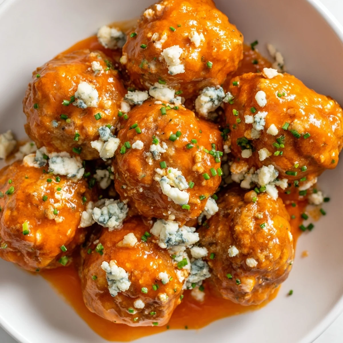 Golden-brown Buffalo Chicken Meatballs with Blue Cheese garnished with fresh chives on a rustic wooden platter.