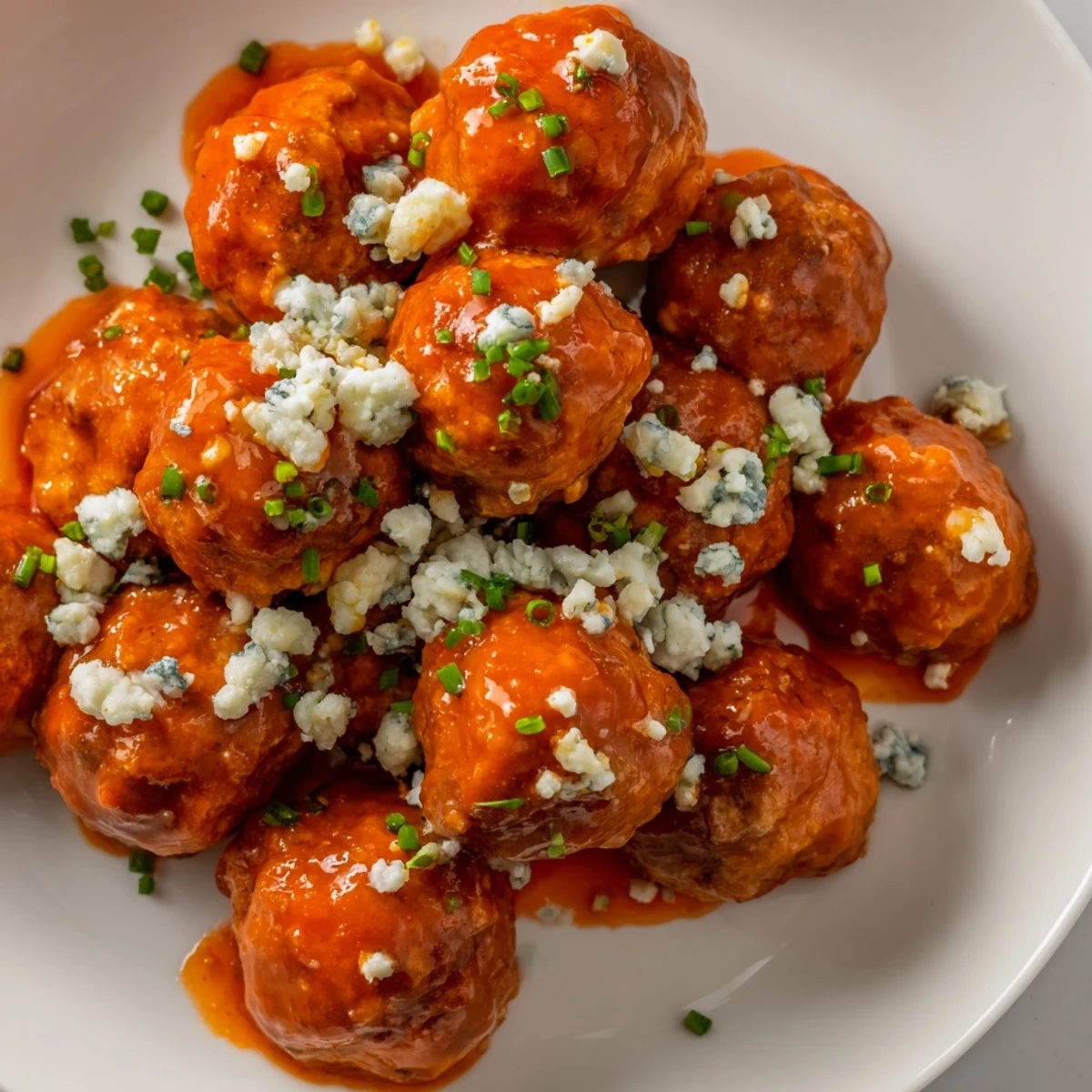 Sizzling Buffalo Chicken Meatballs with Blue Cheese topped with creamy crumbles, ready for a game-day appetizer.