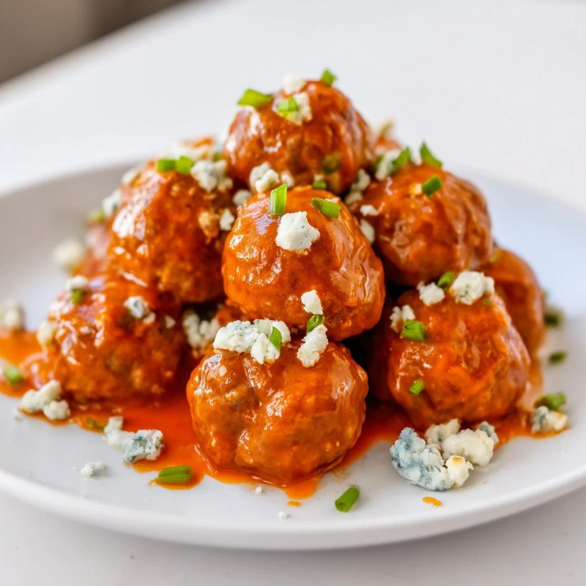 Tender Buffalo Chicken Meatballs with Blue Cheese, drizzled with spicy sauce and served with celery sticks.