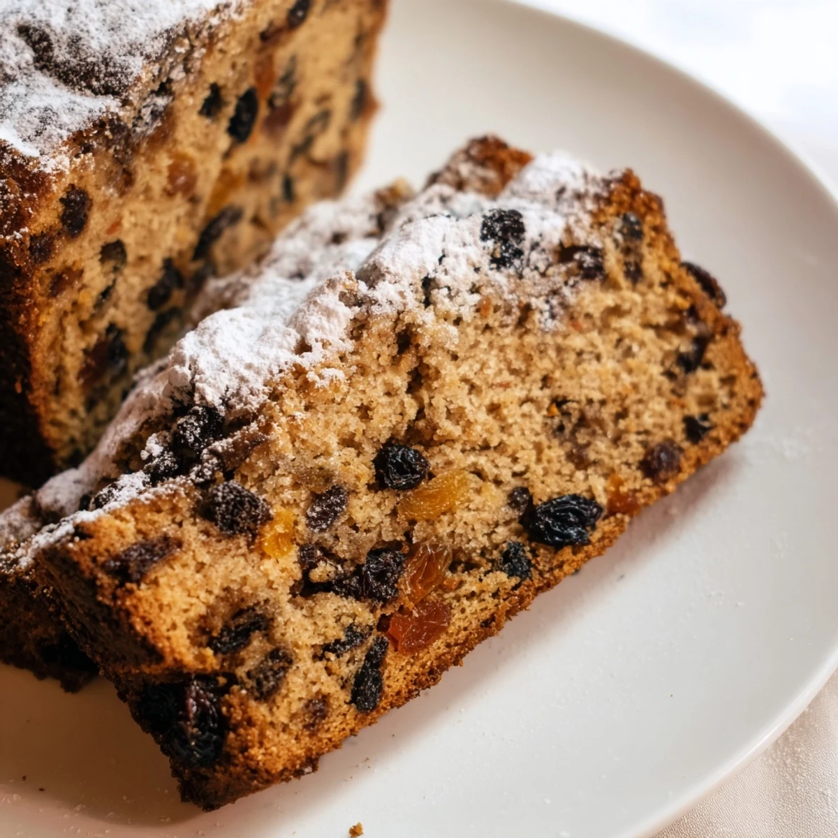 Freshly baked Irish Tea Cake with dried fruit, dusted with powdered sugar on a rustic wooden board.