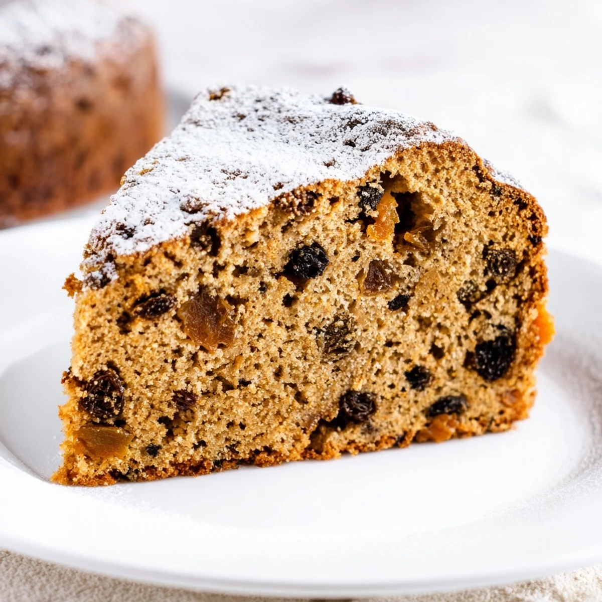 Golden Irish Tea Cake loaf on a linen napkin, highlighting moist texture and scattered dried fruit pieces.
