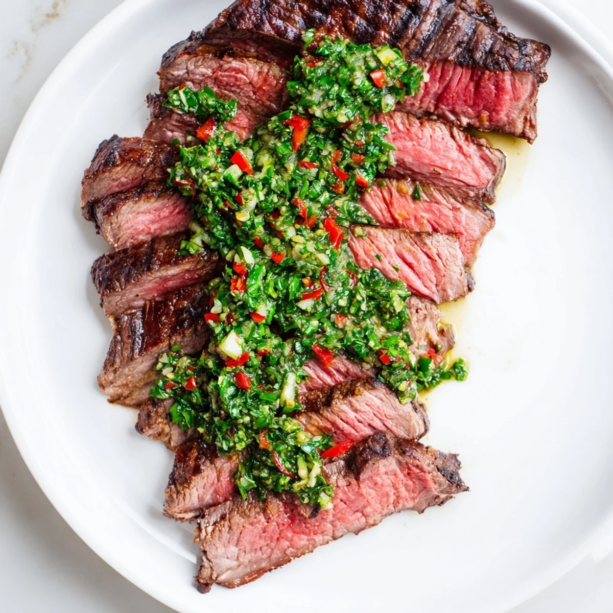 Pan Seared Steak with Chimichurri sliced thick on a wooden board, drizzled with vibrant green chimichurri sauce.
