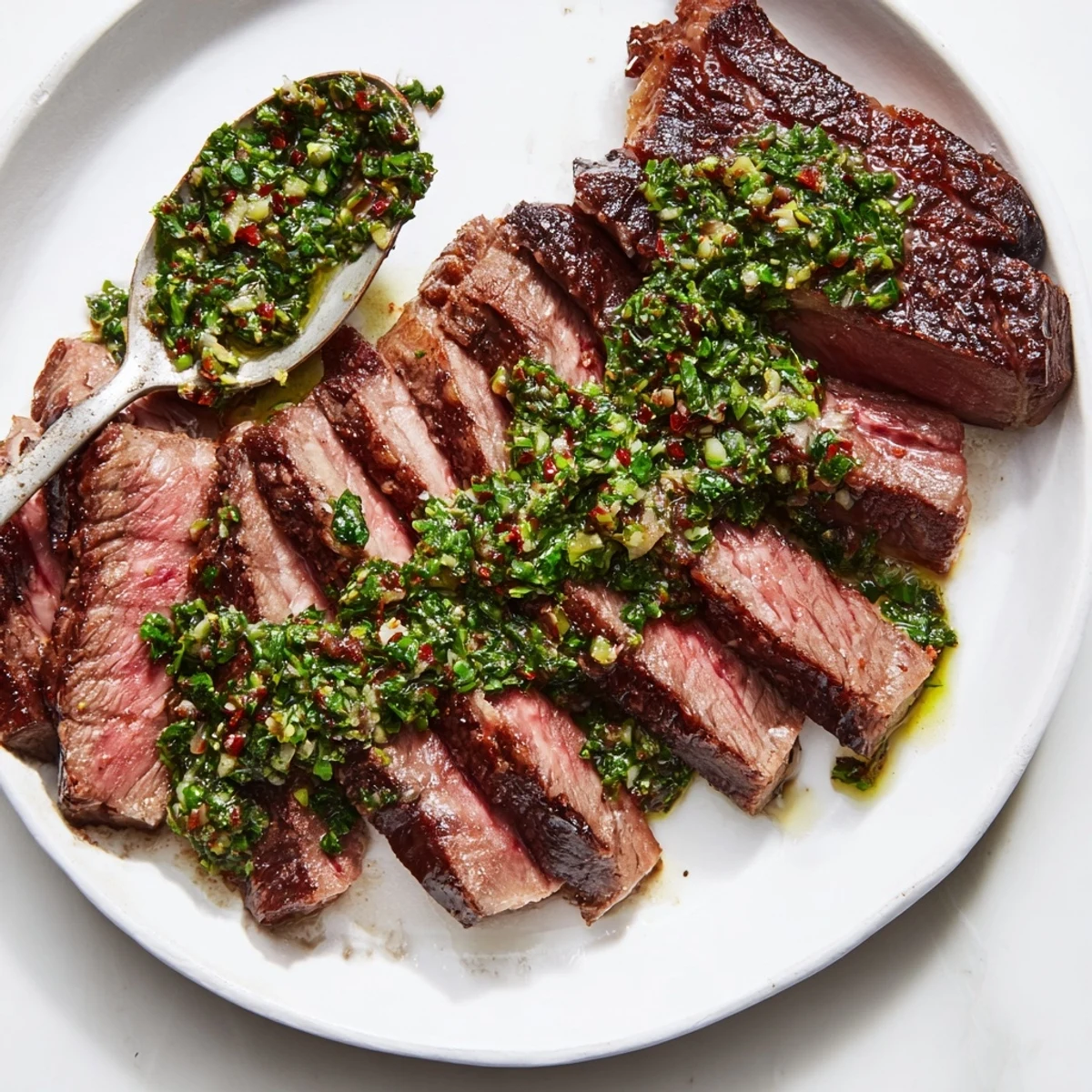Perfectly seared Pan Seared Steak with Chimichurri resting beside fresh parsley, garlic, and crusty bread.