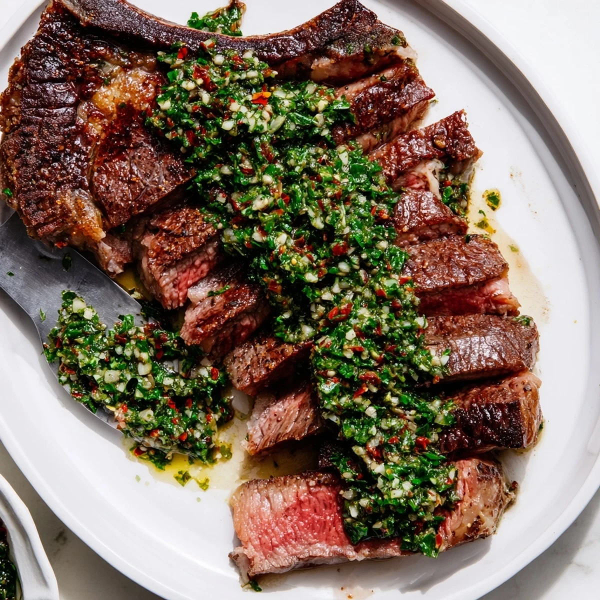 Juicy Pan Seared Steak with Chimichurri served hot from the skillet, topped with bold herb sauce.