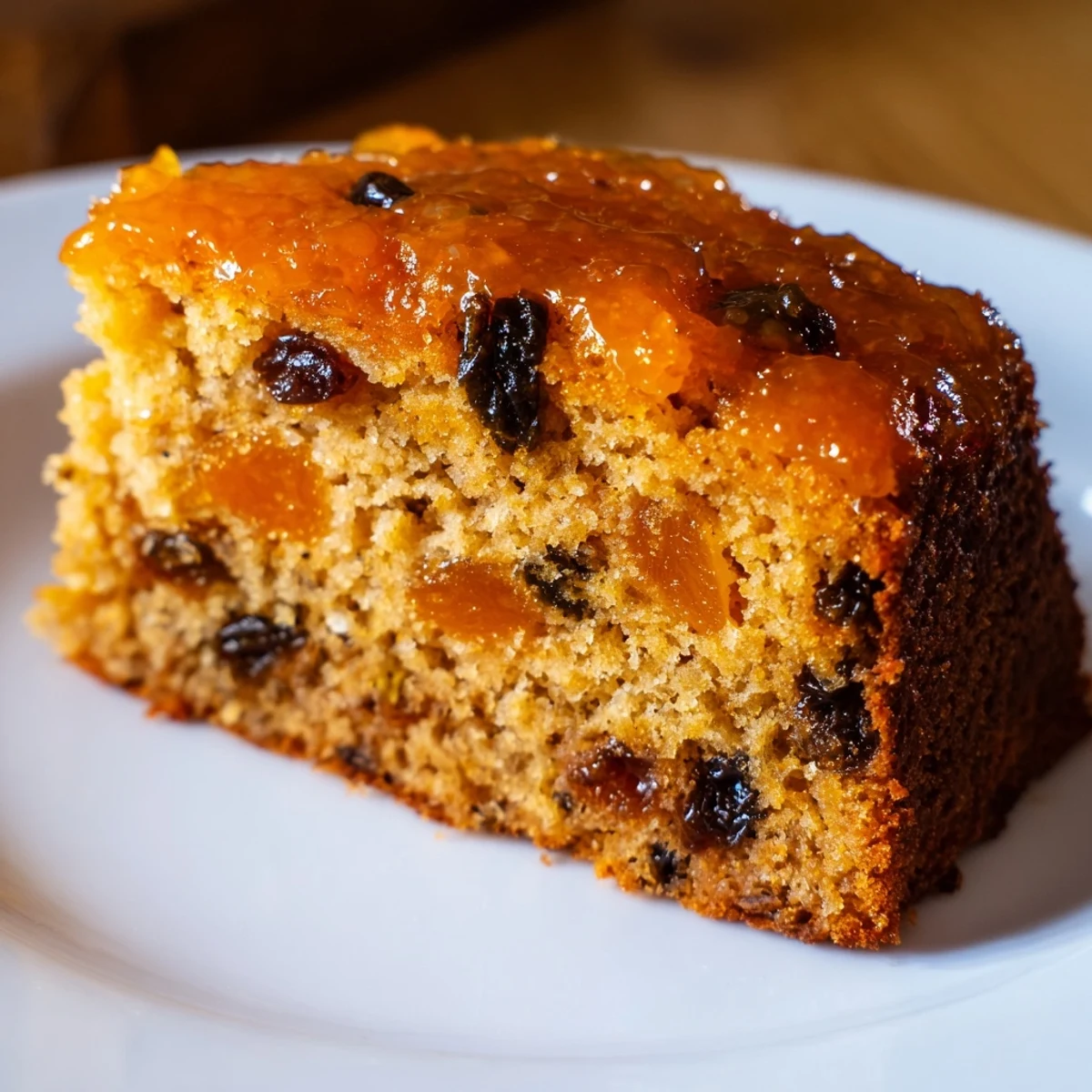 Freshly baked Irish Tea Cake with dried fruit and spices, showcasing a moist crumb and golden brown crust on a rustic wooden board.