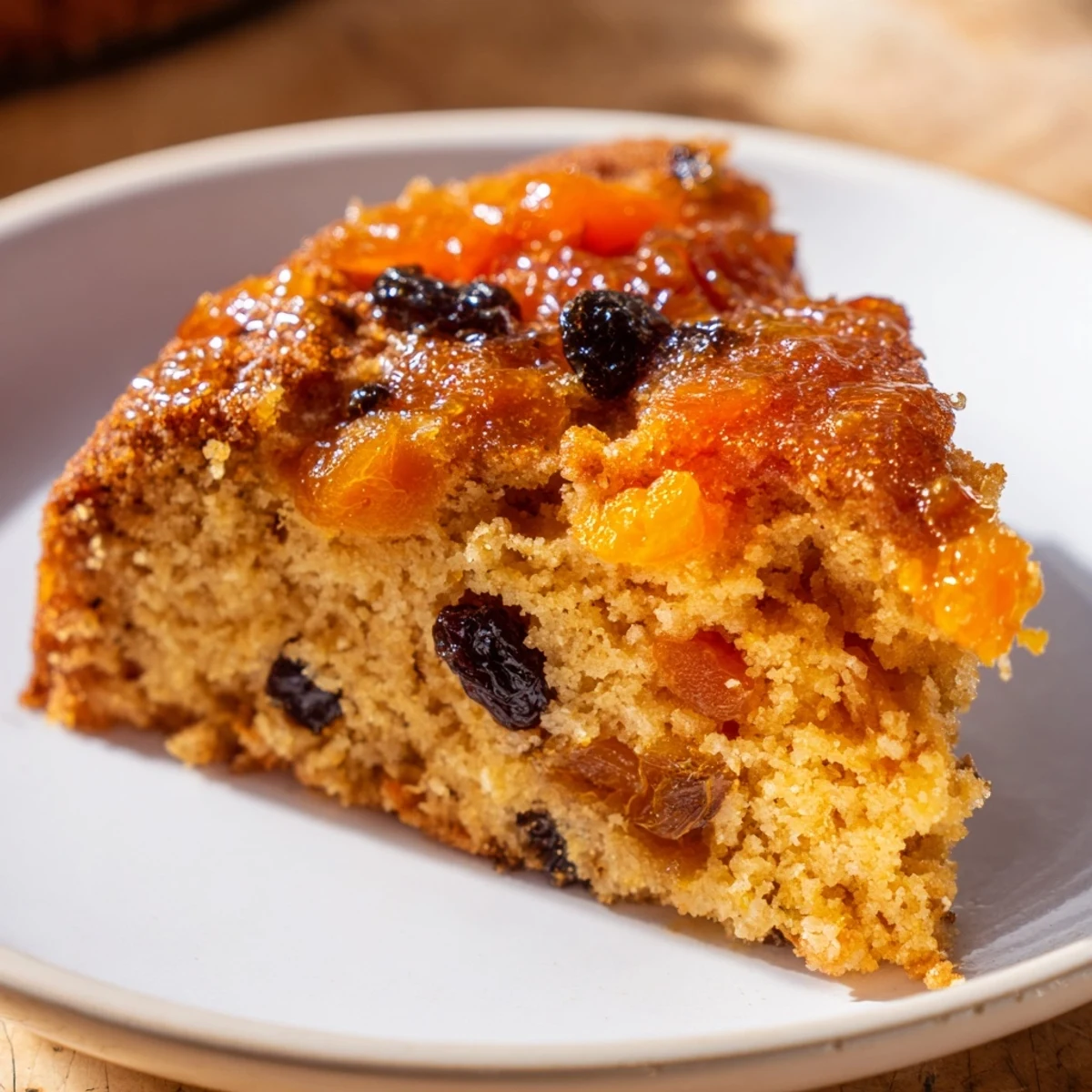 Slice of Irish Tea Cake with dried fruit and spices revealing plump raisins and apricots, served on a white plate beside a steaming cup of tea.