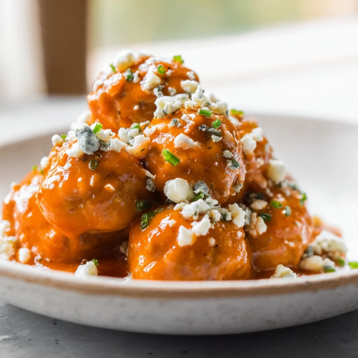 Freshly baked Buffalo Chicken Meatballs with Blue Cheese resting on a platter, garnished with chives and served with crisp celery sticks.