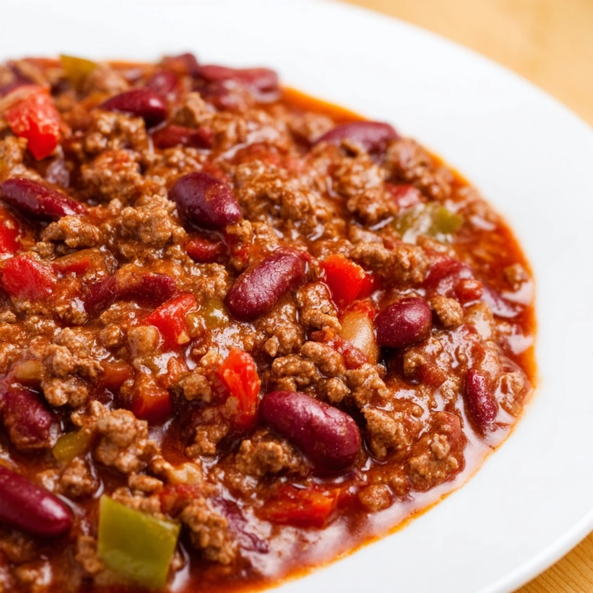 Steamy Beef Chili with Kidney Beans and Tomatoes served over rice with shredded cheddar and lime wedges.