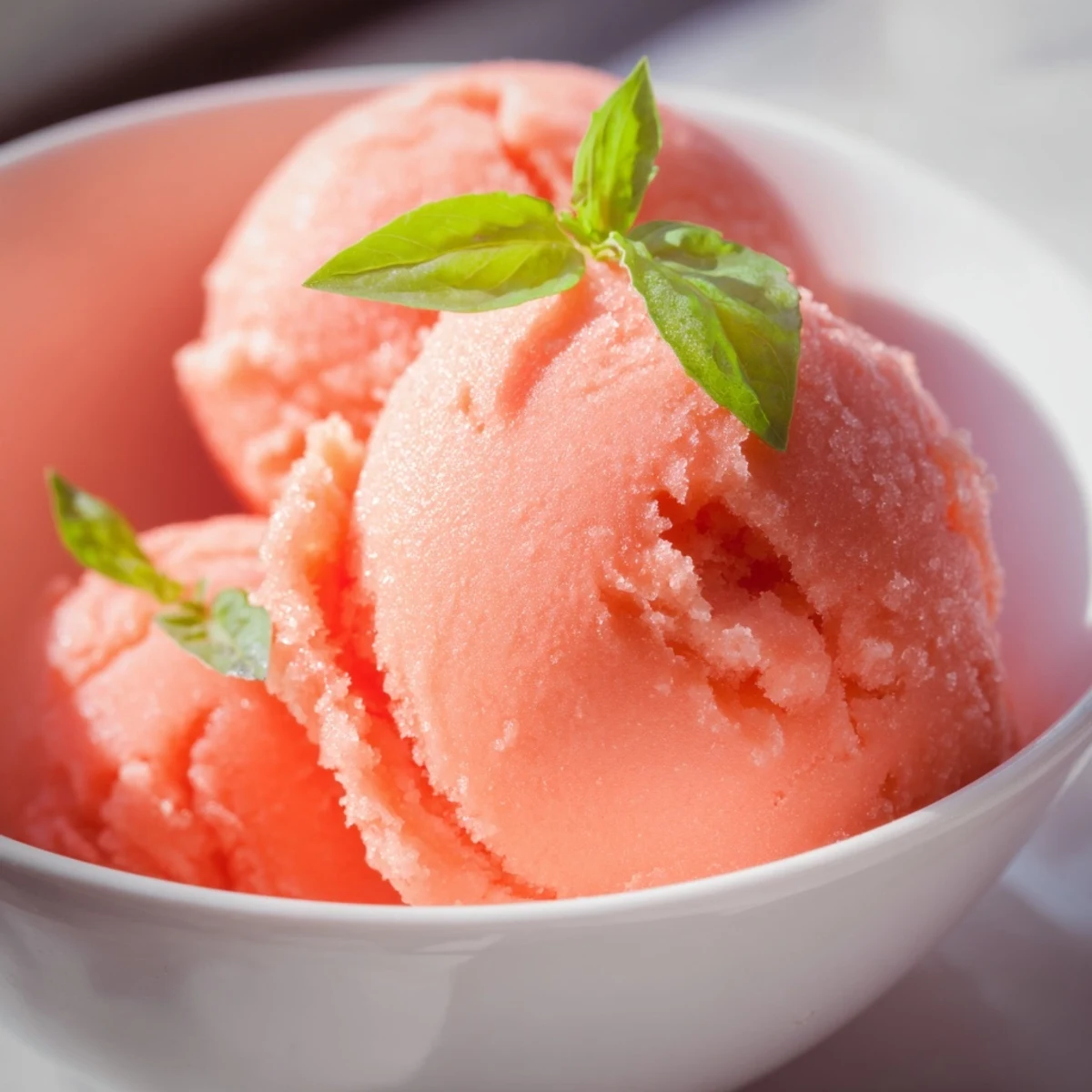 Scoops of vibrant Pink Grapefruit Sorbet with Basil Garnish chill in a glass bowl, offering a tangy and sweet frozen treat for dessert.