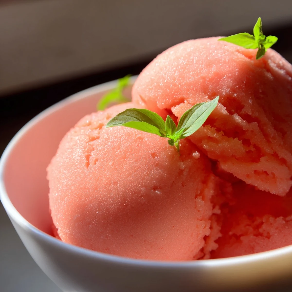 A close-up of Pink Grapefruit Sorbet with Basil Garnish highlights its bright pink hue and fresh basil leaves, perfect for a vegan dessert.