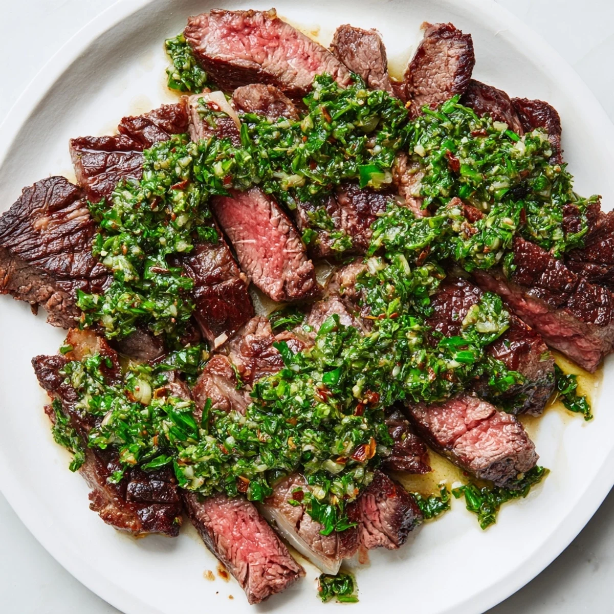 Sizzling Pan Seared Steak with Chimichurri Sauce fresh from the cast iron skillet, topped with a vibrant green herby sauce.