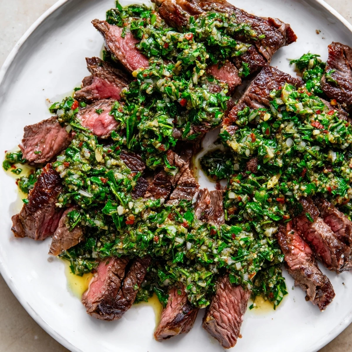 Juicy Pan Seared Steak with Chimichurri Sauce sliced against the grain on a rustic board, drizzled generously with tangy sauce.