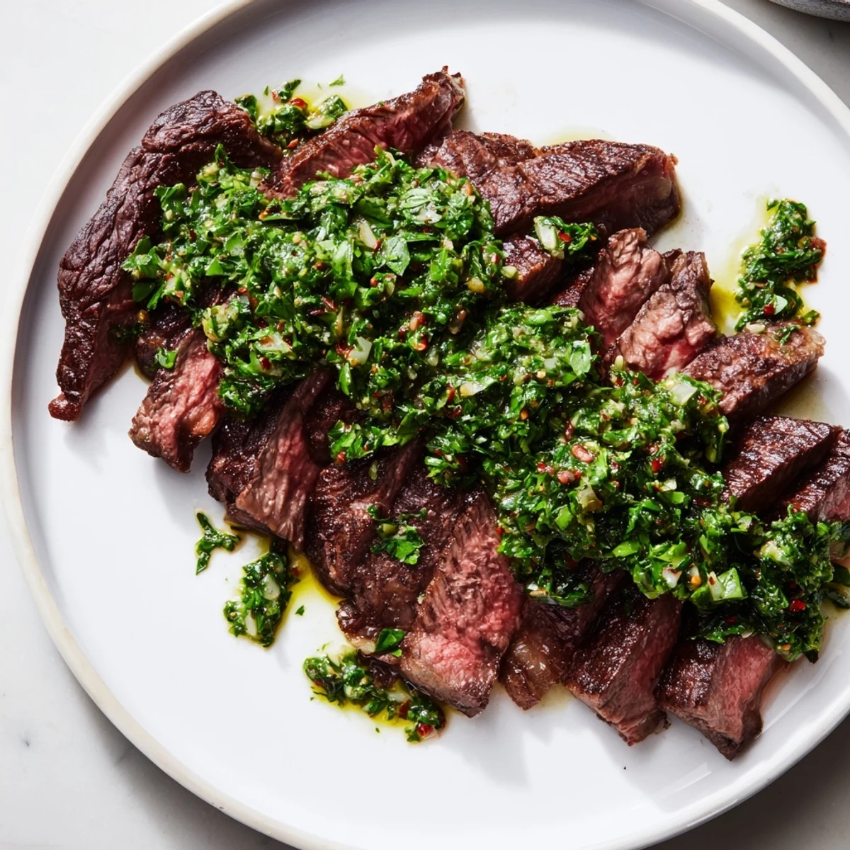 Perfectly seared Pan Seared Steak with Chimichurri Sauce served on a plate with roasted potatoes and fresh parsley garnish.