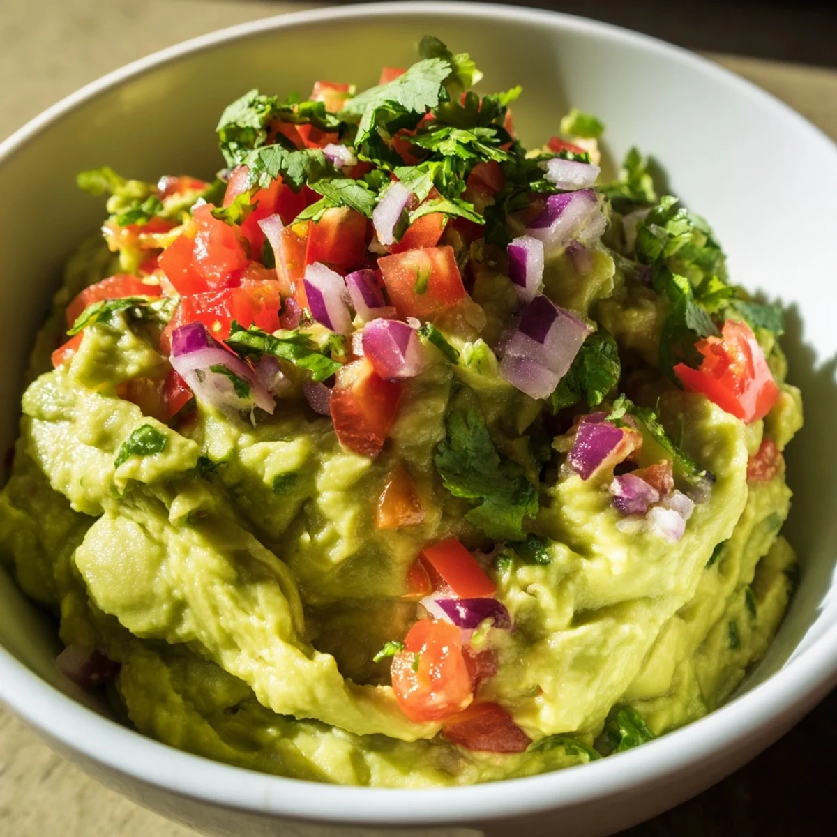 Creamy avocado guacamole topped with chunky pico de gallo, served with tortilla chips for dipping.