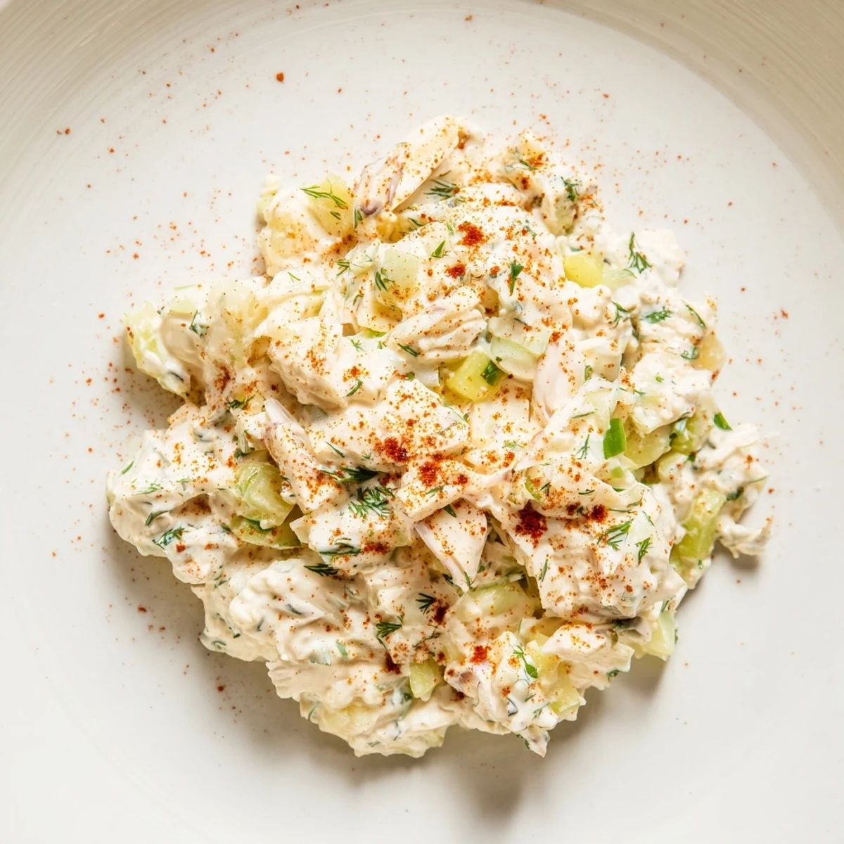 Creamy remoulade sauce with crab meat and herbs served chilled in a white bowl, garnished with fresh parsley and chives.