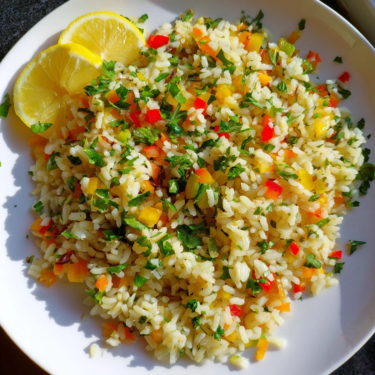 Colorful Rice Pilaf with Peppers and Onions served warm in a rustic bowl next to bright bell peppers.