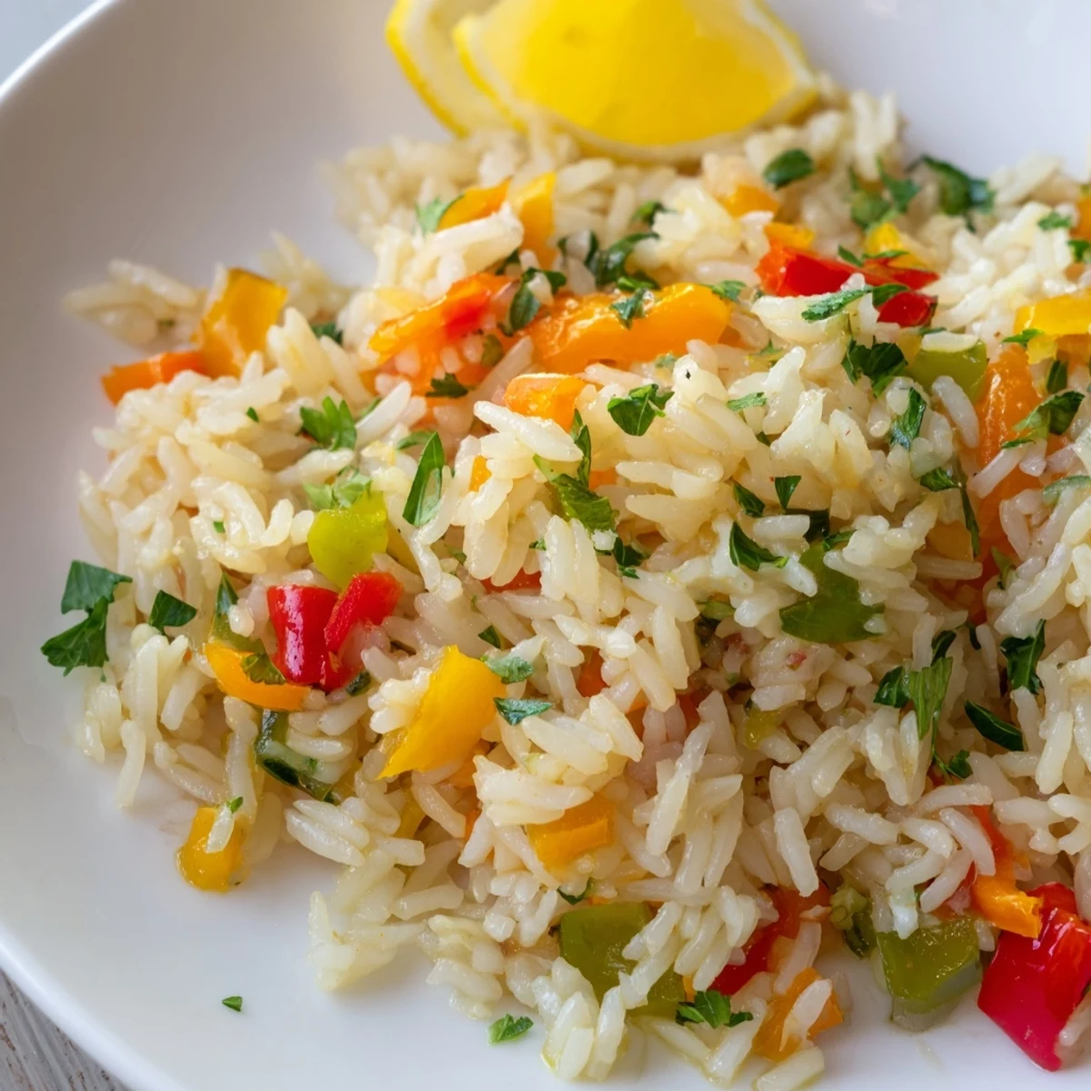 Aromatic Rice Pilaf with Peppers and Onions steamed and fluffy, garnished with fresh parsley and lemon wedges.