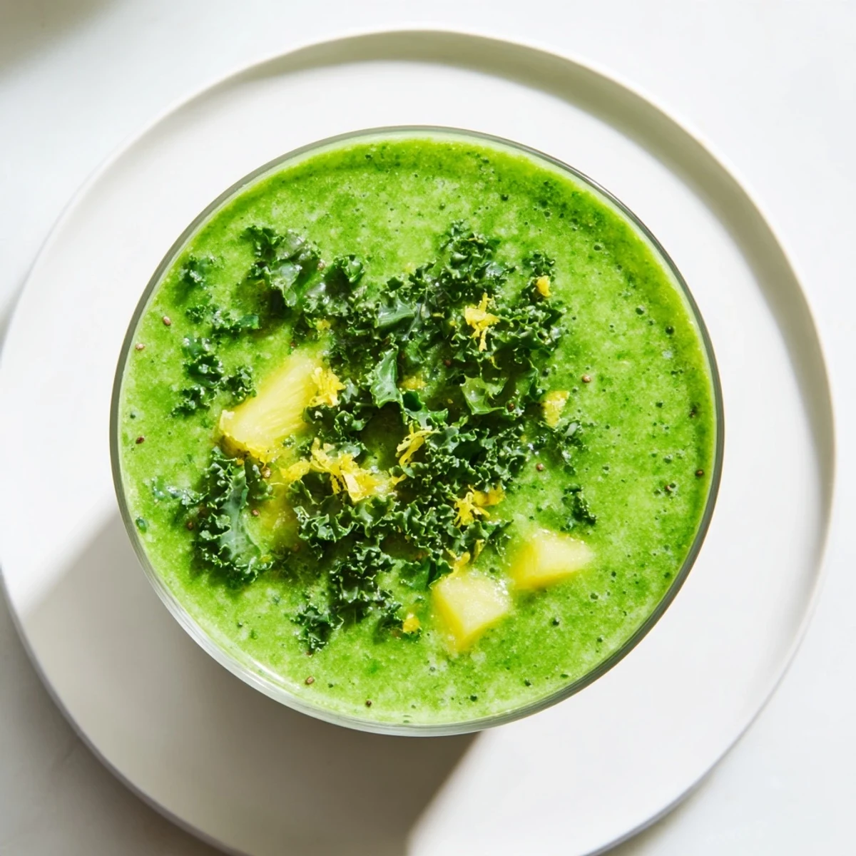 A tall glass of vibrant Green Smoothie with Kale and Pineapple, garnished with a fresh pineapple wedge and kale leaf.
