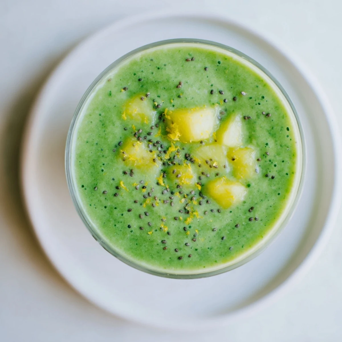 Bright green, frosty Green Smoothie with Kale and Pineapple served in a mason jar with a reusable straw.
