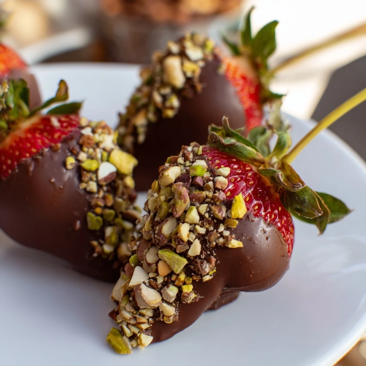 Fresh strawberries coated in glossy dark chocolate and rolled in crunchy, finely chopped mixed nuts for a decadent treat.  