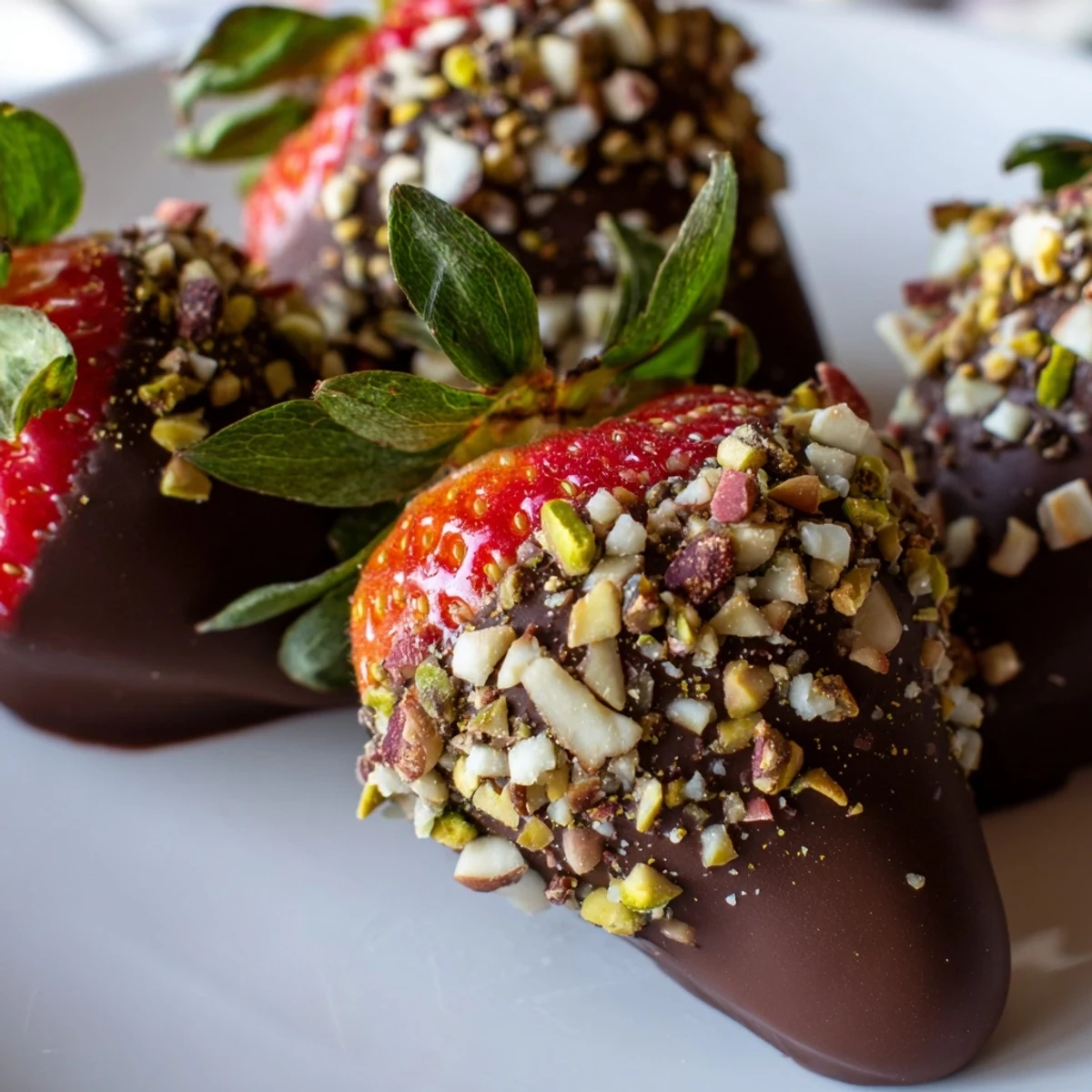 Chocolate dipped strawberries with nuts arranged on a parchment-lined tray, ready to serve at an elegant party or date night.  
