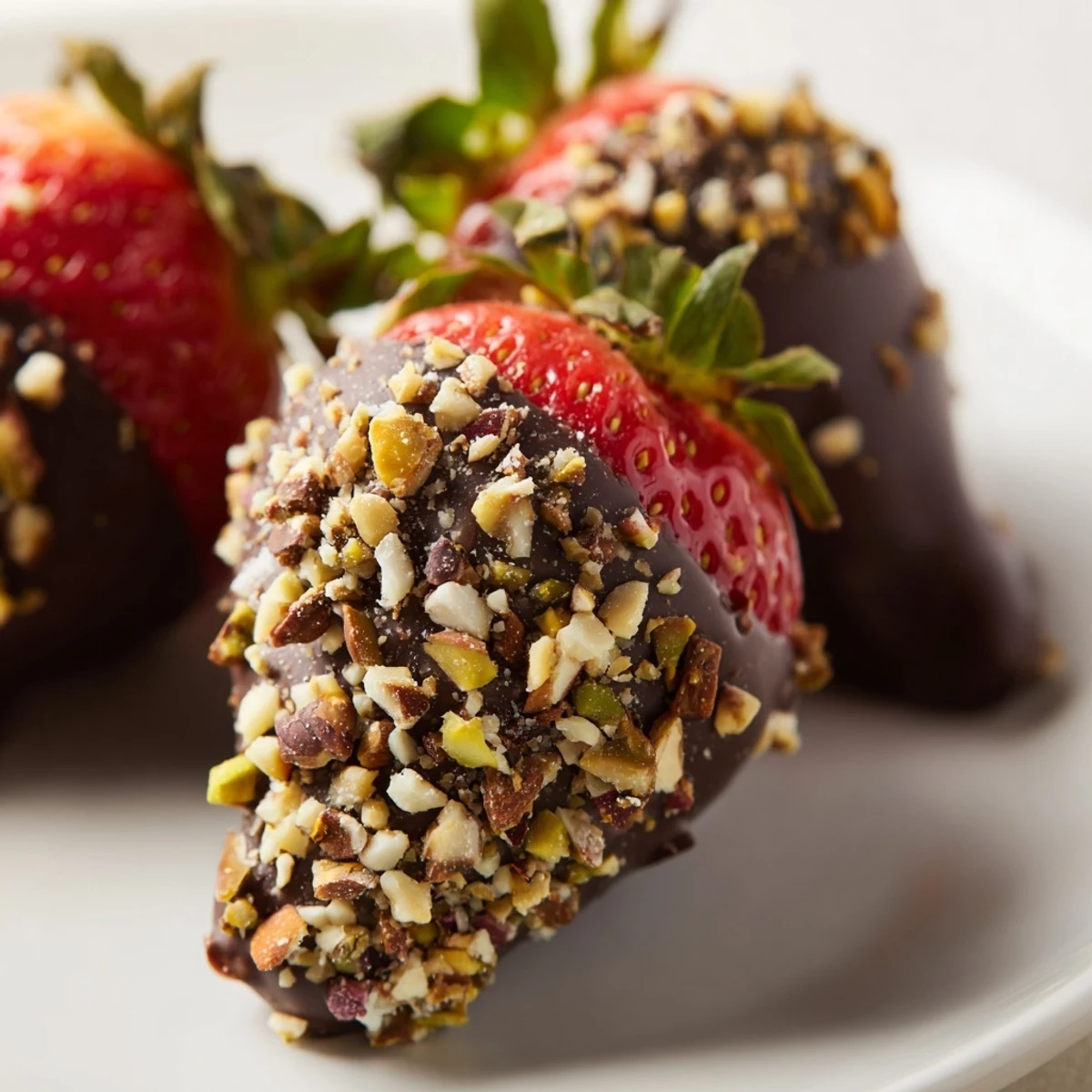 Juicy strawberries dipped in rich melted chocolate, sprinkled with mixed nuts, and presented on a white ceramic plate for a simple dessert.