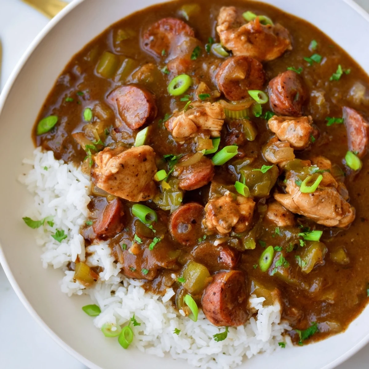 A steaming bowl of Cajun Chicken and Sausage Gumbo served over fluffy white rice with fresh parsley garnish.  