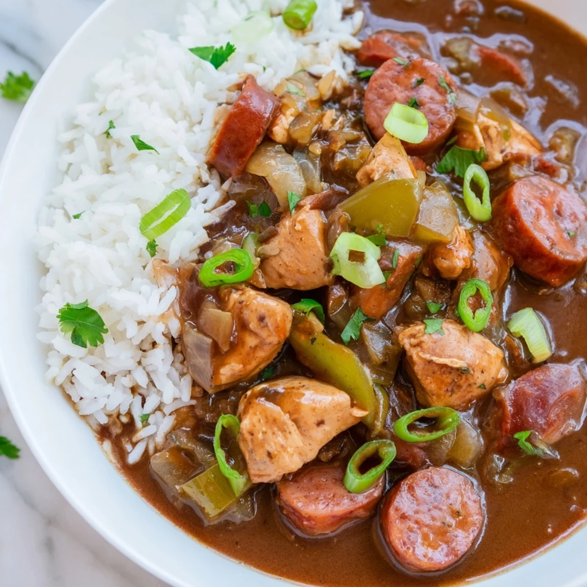 Hearty Cajun Chicken and Sausage Gumbo simmered in a rich, dark roux, ready to enjoy with crusty bread.  