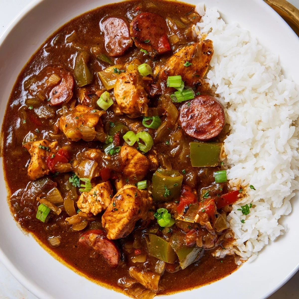 Close-up of Cajun Chicken and Sausage Gumbo featuring tender chicken, spicy sausage, and vibrant vegetables in a savory broth.