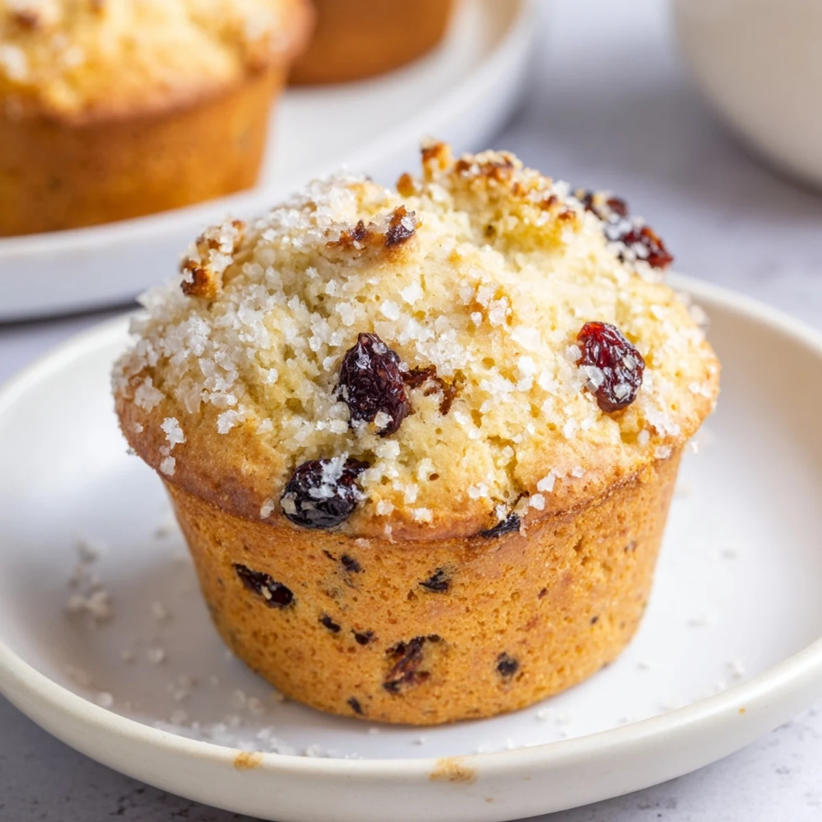 A close-up shows a tender Irish Soda Bread Muffins muffin with currants beside Irish butter and jam.  