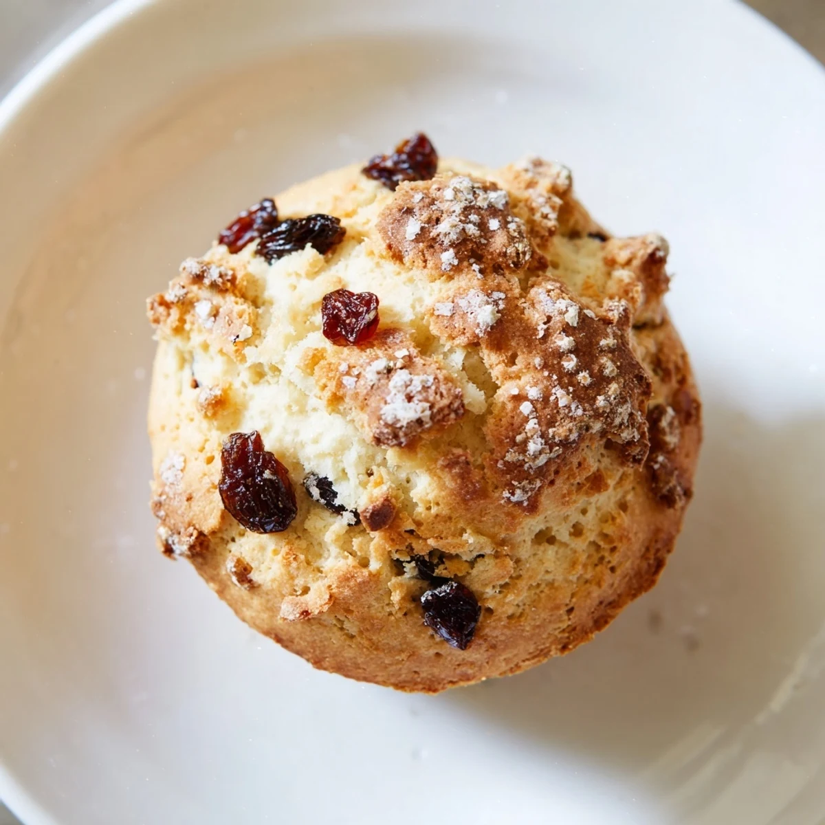 Warm Irish Soda Bread Muffins with currants are served with tea on a rustic wooden table.