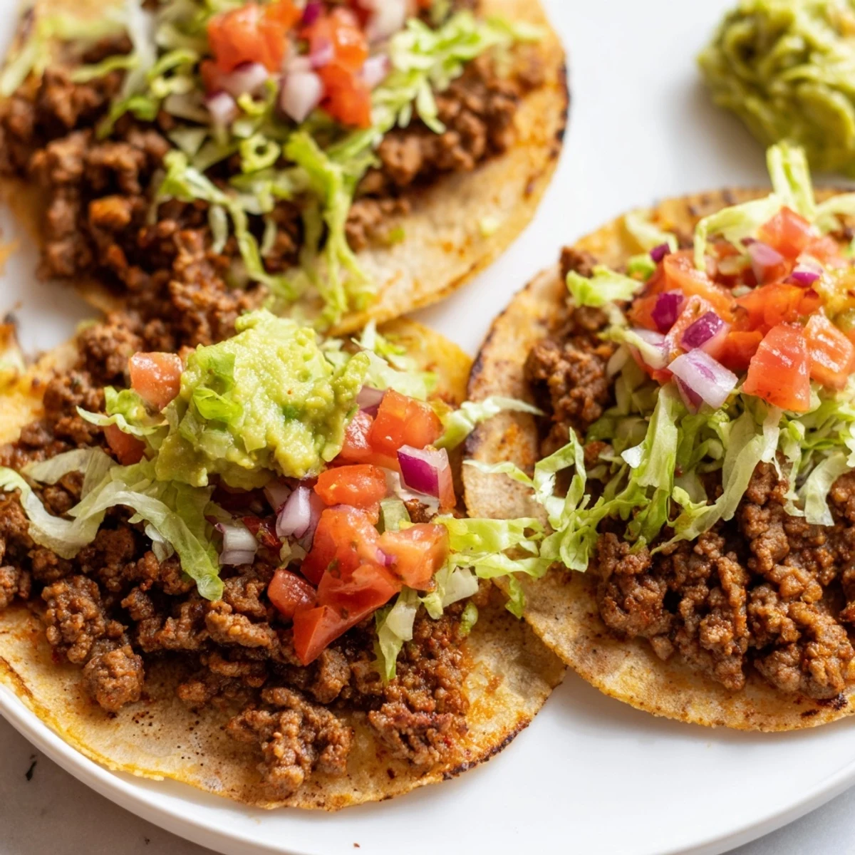 Warm corn tortillas filled with seasoned ground beef, topped with vibrant homemade salsa, creamy guacamole, and shredded lettuce.