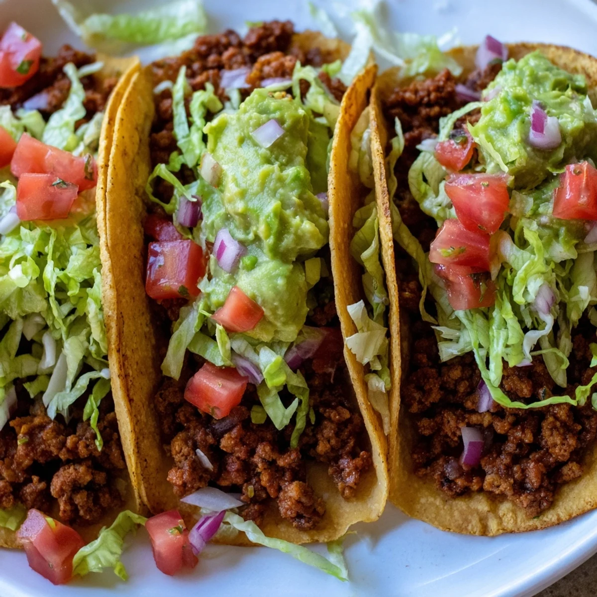 Freshly made beef tacos featuring zesty homemade salsa and creamy guacamole, garnished with cilantro and lime wedges.