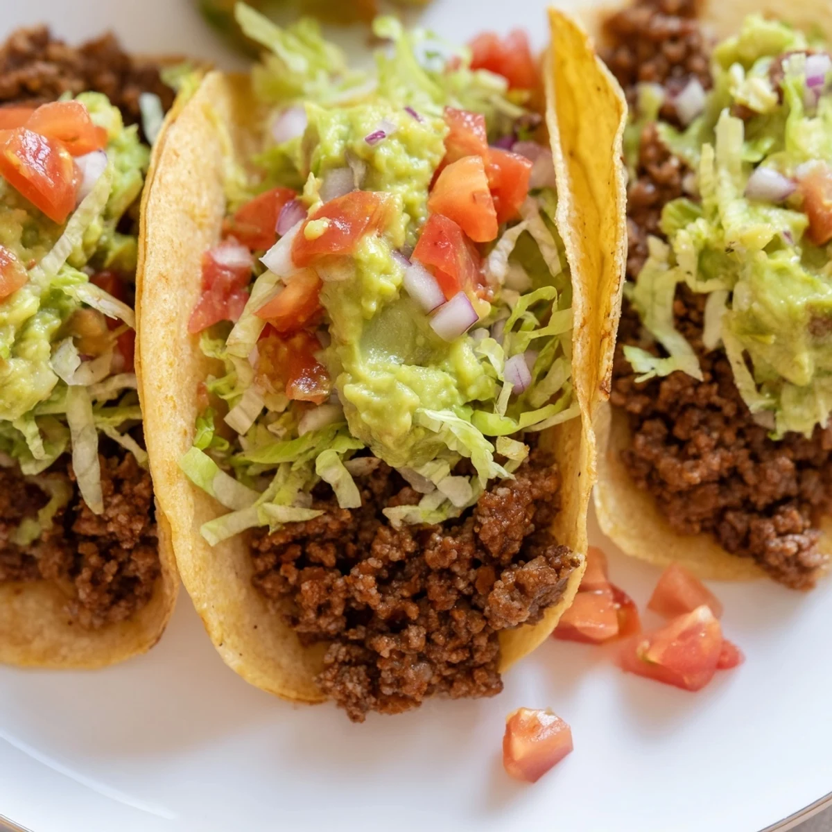 Golden beef tacos with warm tortillas, loaded with homemade salsa, guacamole, and optional cheese, ready for a fiesta.