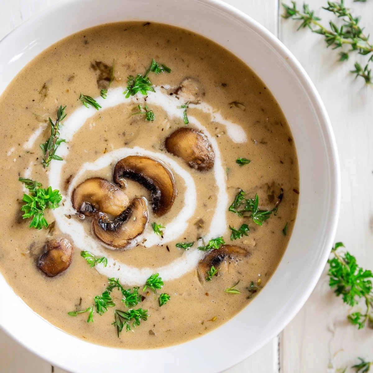 Rich Creamy Mushroom Soup with Thyme ladled from a simmering pot, showcasing its velvety texture and aromatic herb garnish.