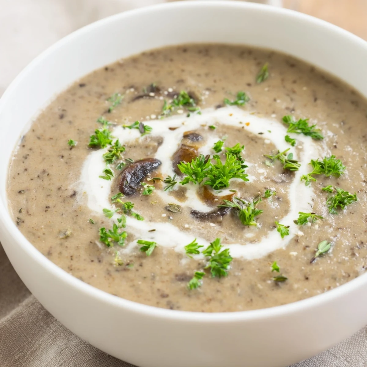 Creamy Mushroom Soup with Thyme in a rustic white bowl, topped with fresh parsley and a drizzle of olive oil, ready to serve.