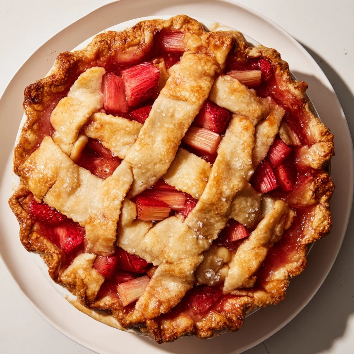 Golden-brown lattice crust on a Strawberry Rhubarb Pie with bubbling sweet-tart filling served on a rustic wooden table. 