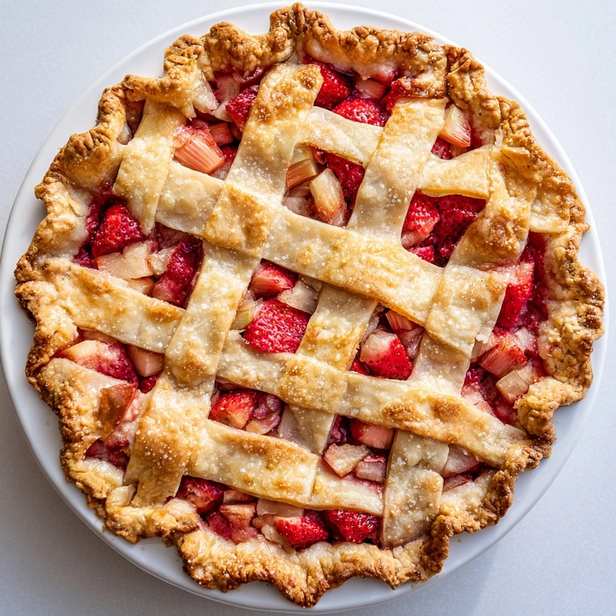 Slice of warm Strawberry Rhubarb Pie on a plate, revealing juicy filling, ready to be enjoyed with vanilla ice cream.