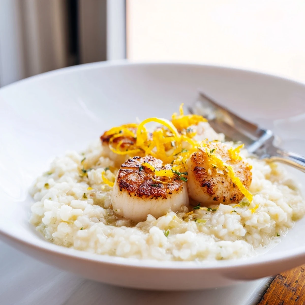 Golden seared scallops with lemon and garlic rest atop creamy Parmesan risotto, garnished with fresh parsley.