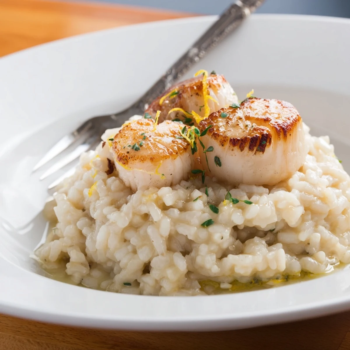 Lemon garlic scallops served over a bed of creamy risotto, finished with a bright drizzle of lemon butter.