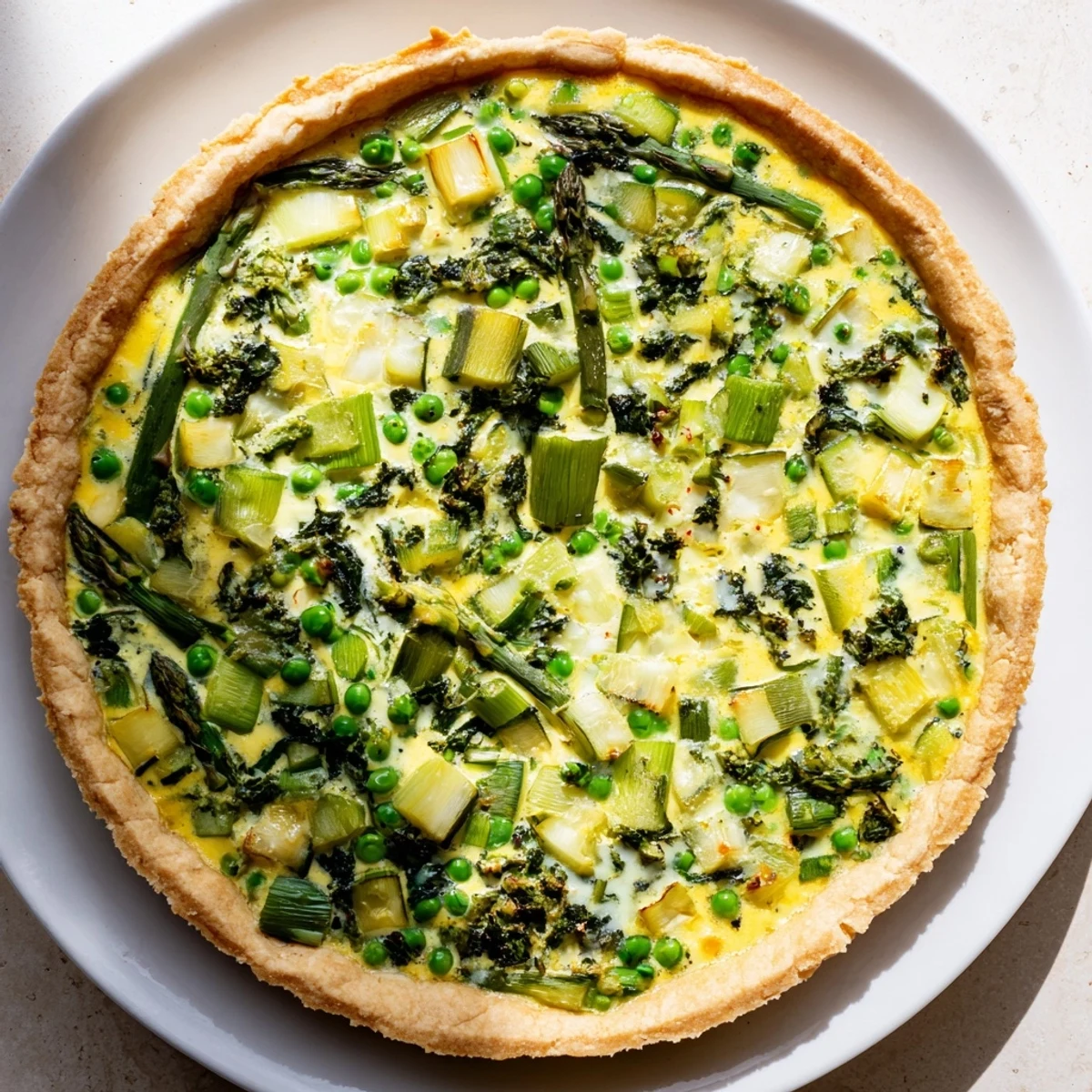 Golden Spring Vegetable Quiche with Crust on a white plate, showcasing flaky pastry and vibrant asparagus and peas, perfect for a sunny brunch.