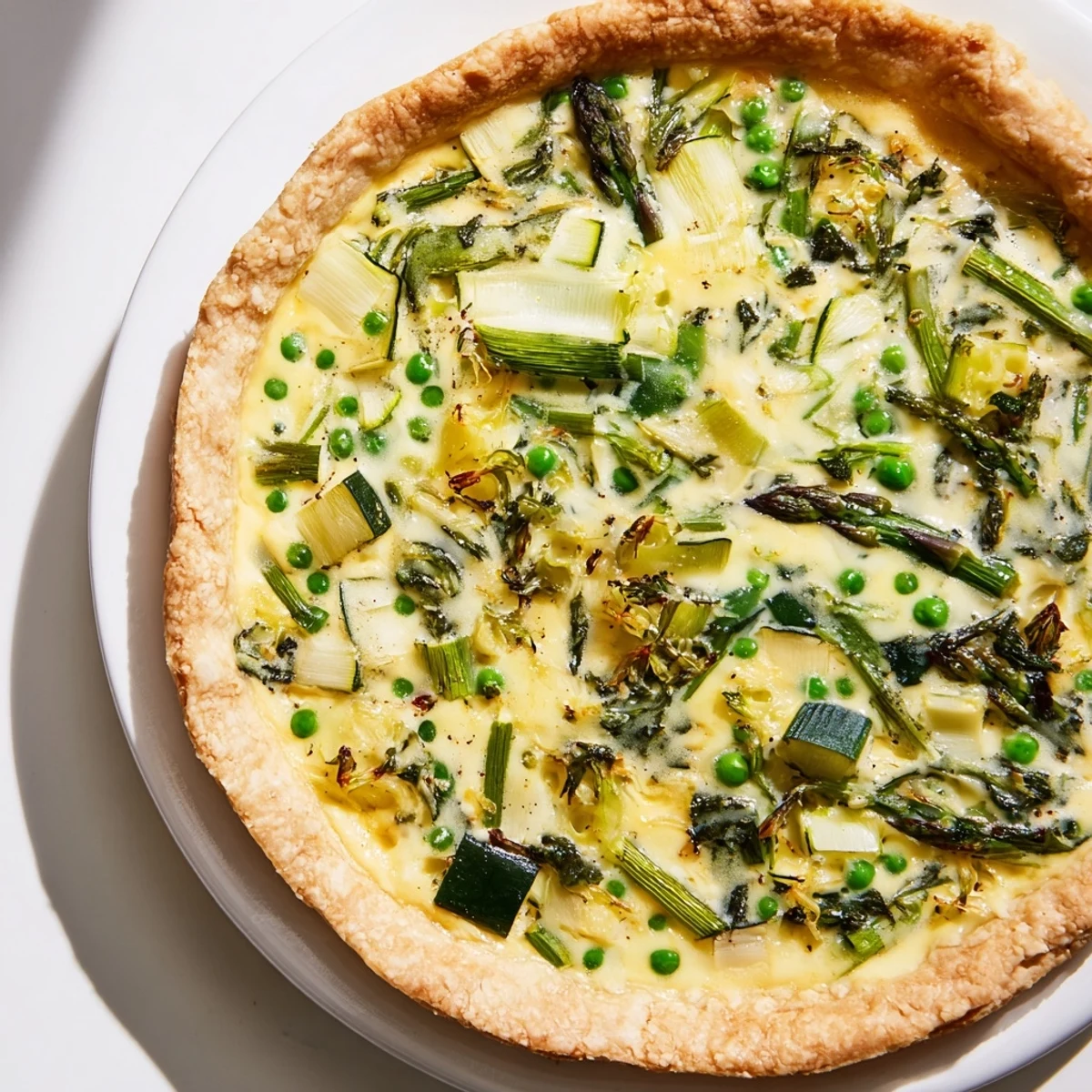 Close-up slice of Spring Vegetable Quiche with Crust, revealing creamy custard, tender zucchini, and melted Gruyère, served alongside a fresh green salad.