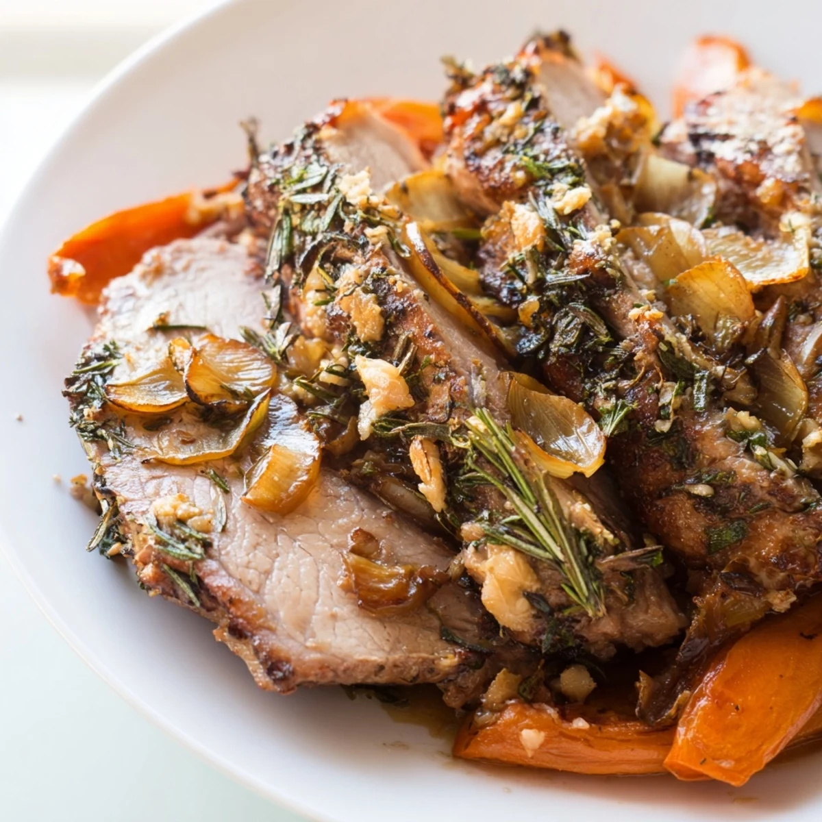 Golden-brown roasted lamb leg infused with rosemary and garlic rests on a bed of tender vegetables, ready for a festive dinner.