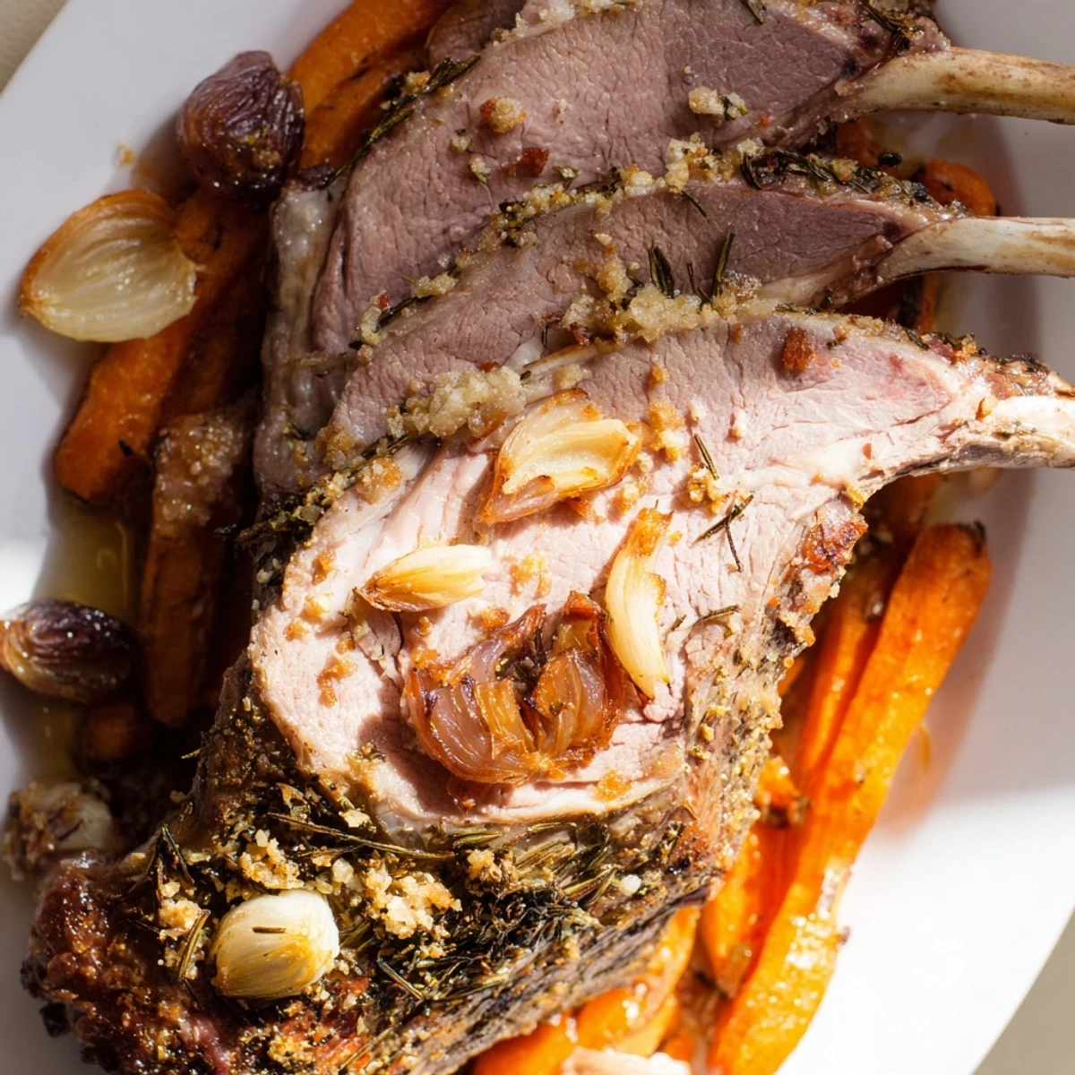 A beautifully roasted lamb leg with rosemary and garlic, sliced to show juicy, pink interior alongside caramelized carrots and onions.