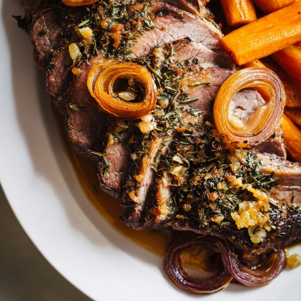 Succulent slices of rosemary and garlic roasted lamb leg served with roasted carrots and onions, garnished with fresh thyme for flavor.