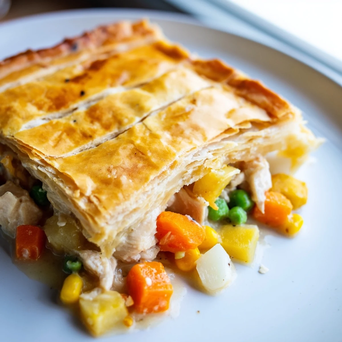 Golden-brown, flaky puff pastry crowns a steaming Turkey Pot Pie with Puff Pastry Crust, revealing tender turkey and creamy vegetables bubbling beneath.