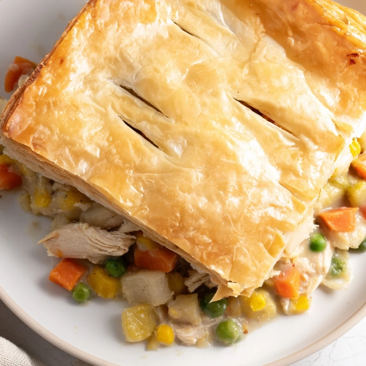 A hearty slice of Turkey Pot Pie with Puff Pastry Crust rests on a plate, next to a fresh green salad for a complete American dinner.